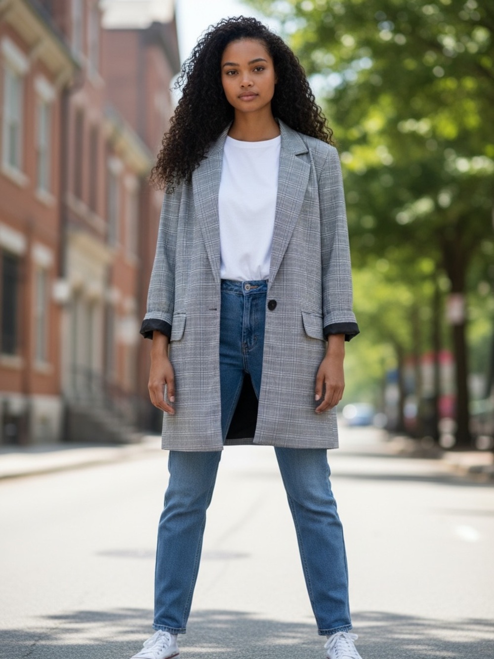 Wayf Grey Plaid Single-Button Blazer